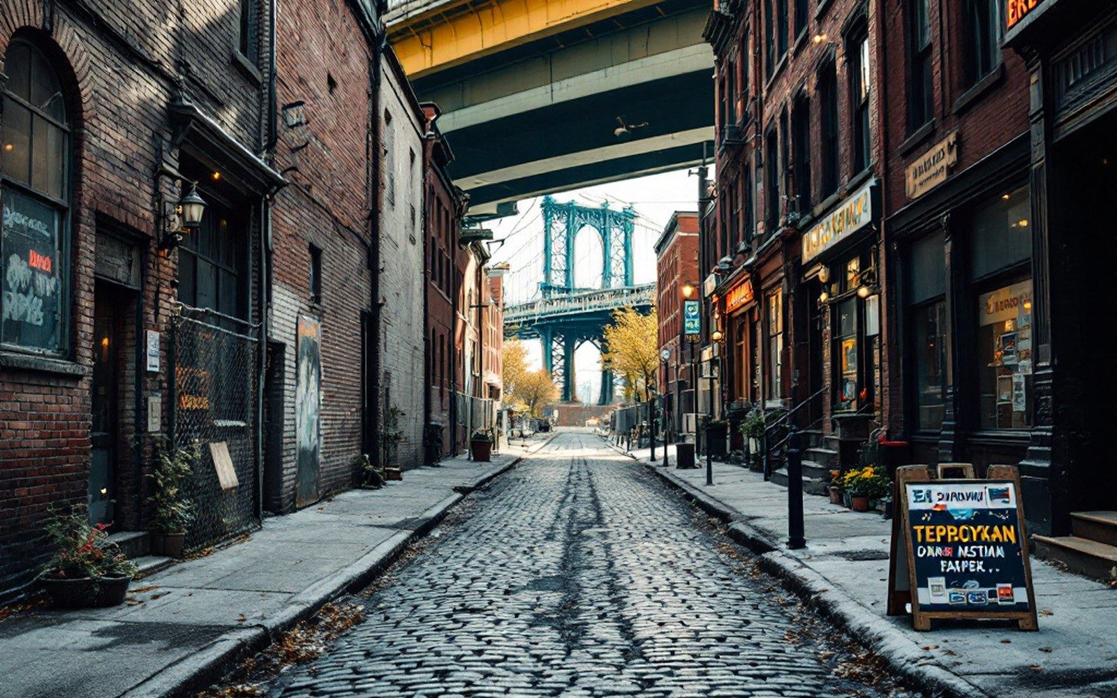 A cobbled Red Hook street beneath a raised expressway deck, warehouse brick alongside